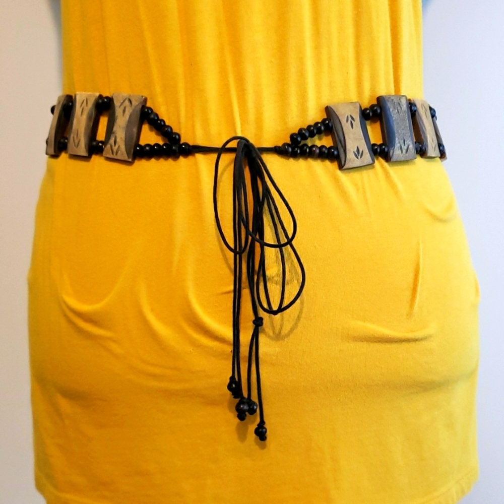 CUTE CARVED WOOD ACCENT BLOCK TIE STRING BELT